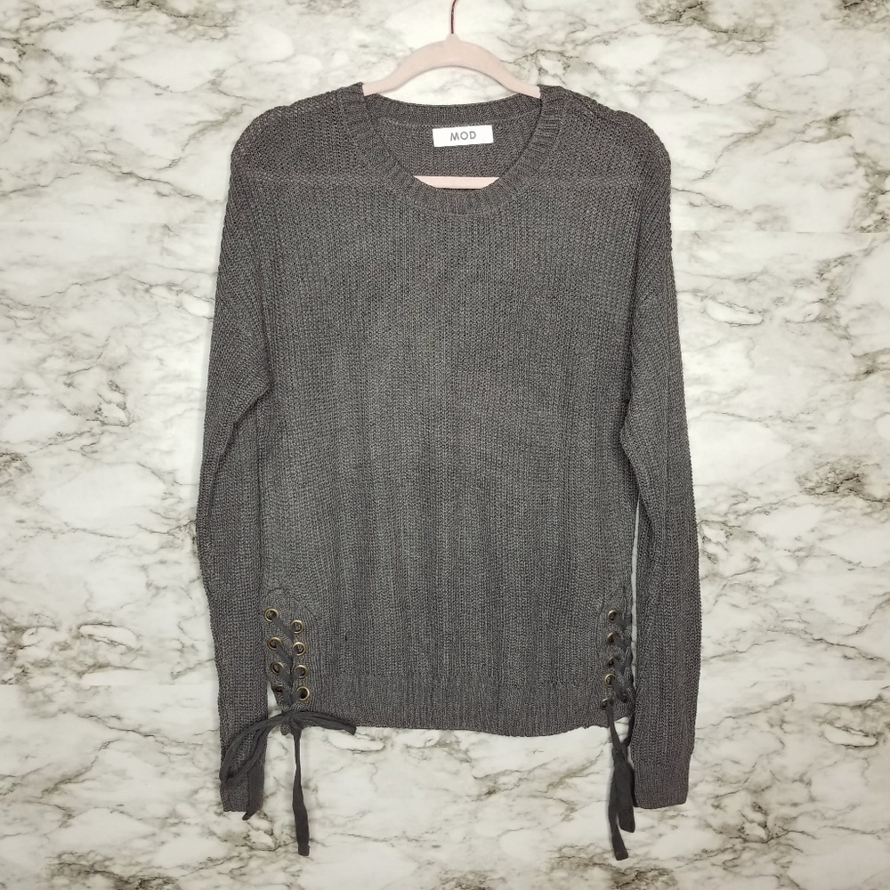 MOD Sweater Womens Large Grey Chunky Knit Lace Up
